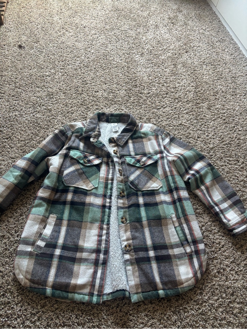 Womens Sherpa-Lined Plaid Button-Down Shirt Jacket - Green/Tan/White